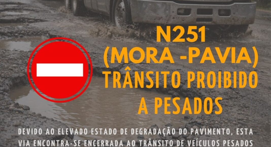 Degradação do pavimento leva à interdição da estrada N251 entre Mora e Pavia